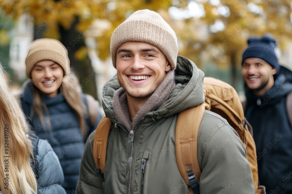 A young man wearing a beanie smiling warmly during a brisk autumn day capturing the cozy atmosphere warmth and casual joy of enjoying the outdoors in the fall season A young man wearing a beanie smiling warmly during a brisk autumn day capturing the cozy atmosphere warmth and casual joy of enjoying the outdoors in the fall season
