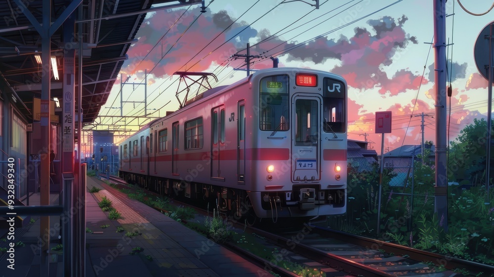 As the sun sets, a train waits at the station, surrounded by vibrant skies and lush greenery, evoking a peaceful atmosphere As the sun sets, a train waits at the station, surrounded by vibrant skies and lush greenery, evoking a peaceful atmosphere