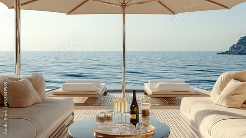 A yacht with a white umbrella and a table with champagne glasses