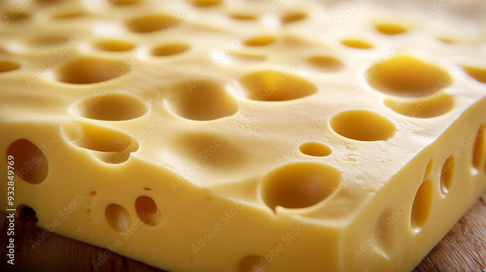 A slice of Swiss cheese with distinct holes rests on a wooden surface illuminated by soft, natural light A slice of Swiss cheese with distinct holes rests on a wooden surface illuminated by soft, natural light