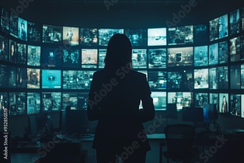 A silhouette of a woman standing in front of multiple screens in a high tech control room symbolizing the power of data technology and the critical role of women in modern information systems