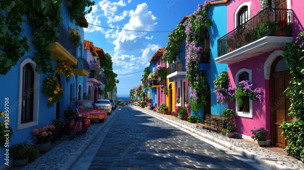 Fototapeta premium Charming colorful street lined with vibrant houses and lush greenery
