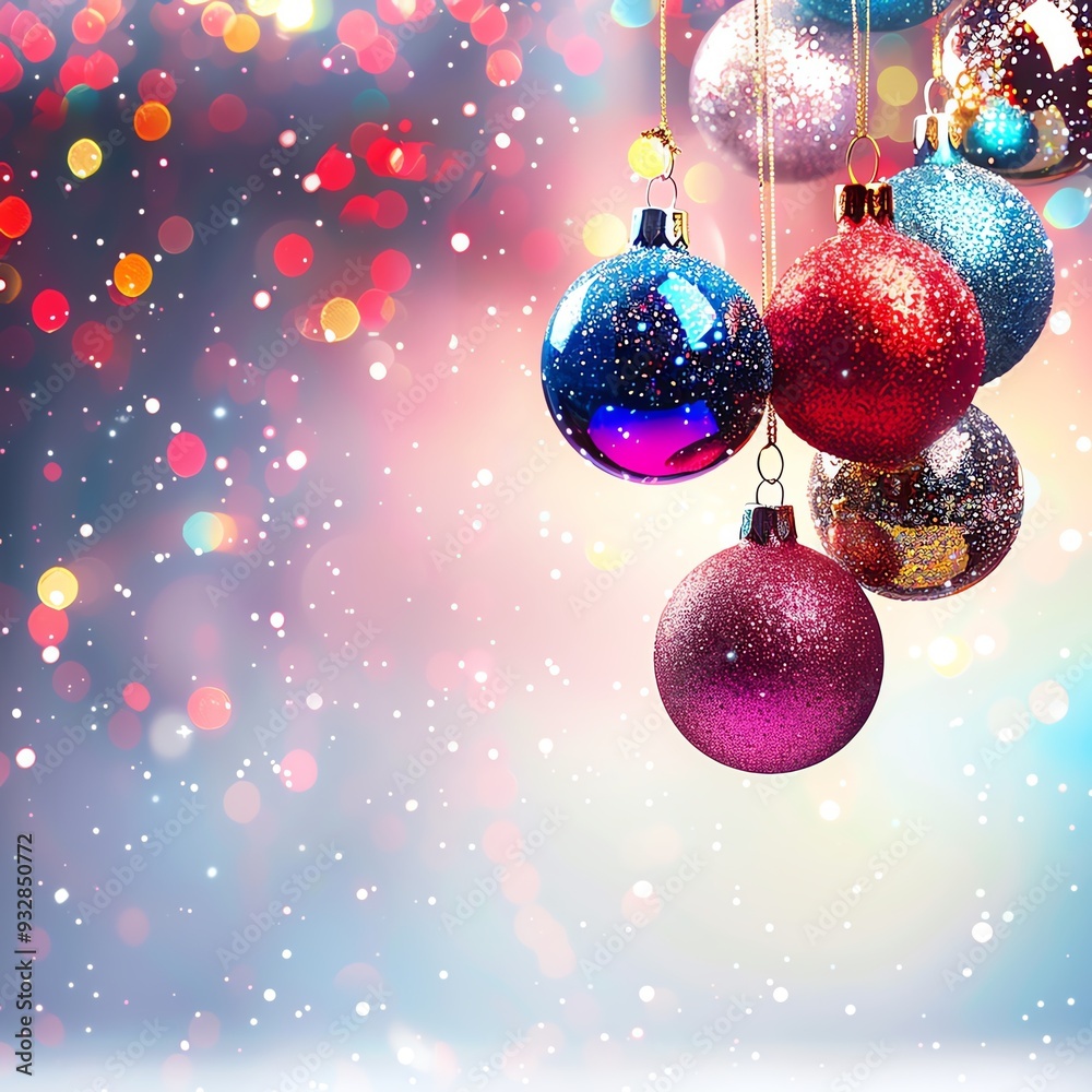 Colorful Christmas baubles hanging with bokeh lights, creating a festive and magical holiday atmosphere.