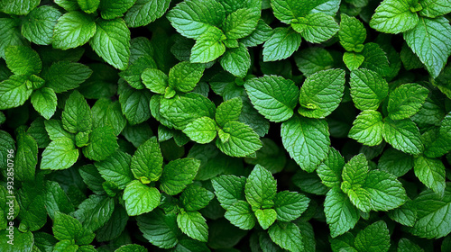 Fresh mint leaves spread uniformly across a garden bed, showcasing vibrant green foliage under bright sunlight photo