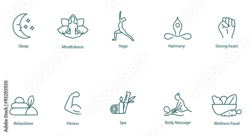 Vector Icons Set: Sleep, Mindfulness, Yoga, Harmony, Strong Heart, Relaxed Tone, Fitness, Spa, Body Massage, Wellness Food