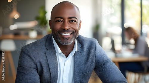 Confident businessman with a warm smile in a modern office setting.