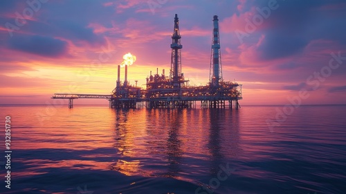 A large oil rig is floating in the ocean at sunset