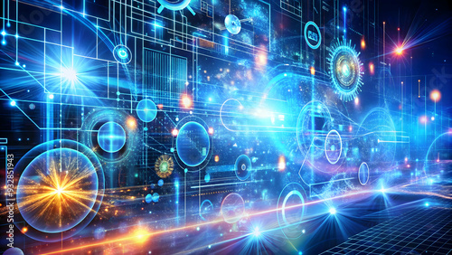 Wallpaper Mural Vibrant blue and orange hues, dynamic light rays, intricate circuit board patterns,Science fiction, technology, artificial intelligence, energy, innovation texture abstract background  Torontodigital.ca