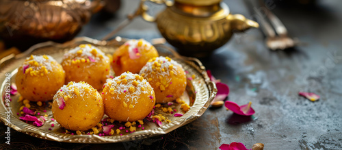 Traditional Indian sweets called laddoo on a golden plate for diwali festival banner. besan laddoos arranged on a golden tray. Roasted chickpea flour with ghee and sugar. Menu, recipe. Copy space photo