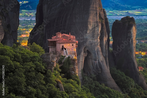 Europe, Greece, Meteora. Isolated monastery on cliff.  photo