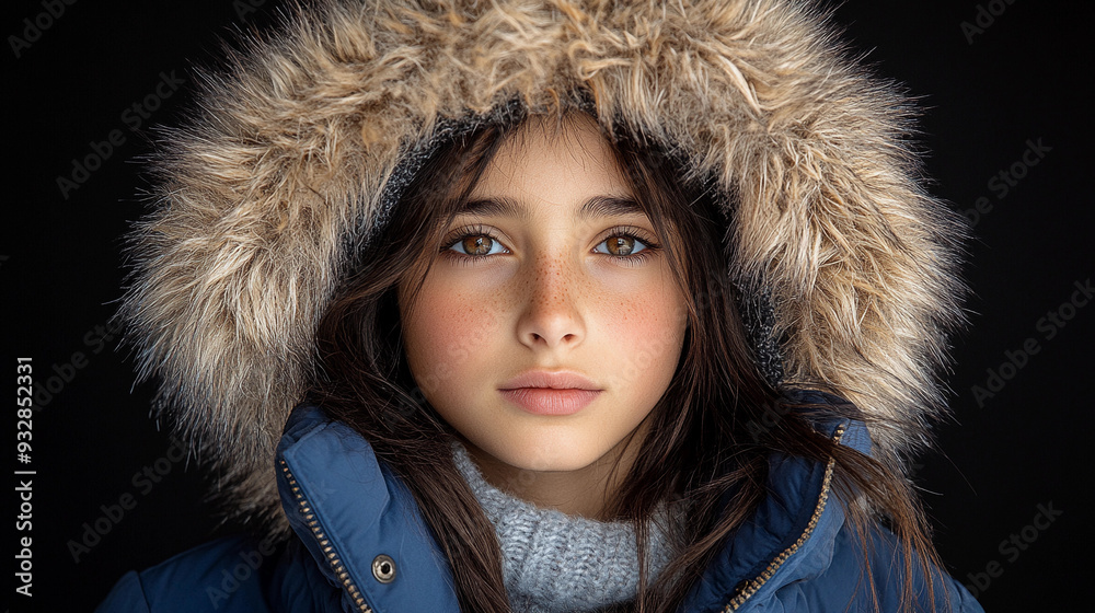 A young girl with striking features gazes at the viewer while wearing a warm hooded jacket with a fur trim A young girl with striking features gazes at the viewer while wearing a warm hooded jacket with a fur trim