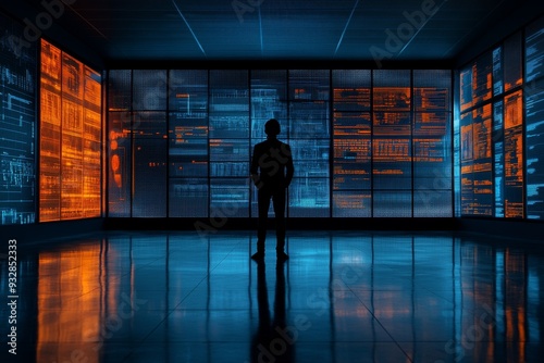 A solitary figure standing in a high tech command center bathed in blue light representing control power and the sophisticated environment of modern digital operations and cyber security