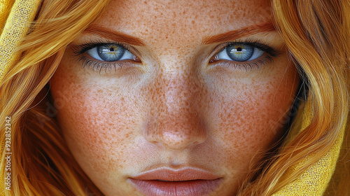 Freckles and striking blue eyes capture attention as the person poses warmly in a yellow scarf, illuminated by soft evening light