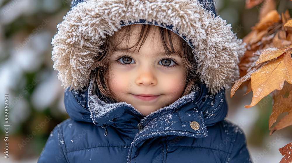A young child with sparkling eyes enjoys a snowy day, wearing a cozy coat and surrounded by fallen autumn leaves A young child with sparkling eyes enjoys a snowy day, wearing a cozy coat and surrounded by fallen autumn leaves