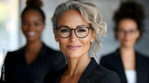 Confident businesswoman in glasses smiling with colleagues in background.