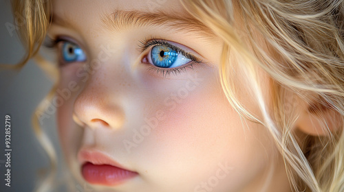 A child with beautiful blue eyes appears lost in thought, illuminated by soft light, showcasing their serene expression