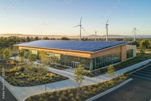 This modern building showcases solar panels on its roof, with wind turbines in the background, surrounded by landscaped gardens during a beautiful sunset