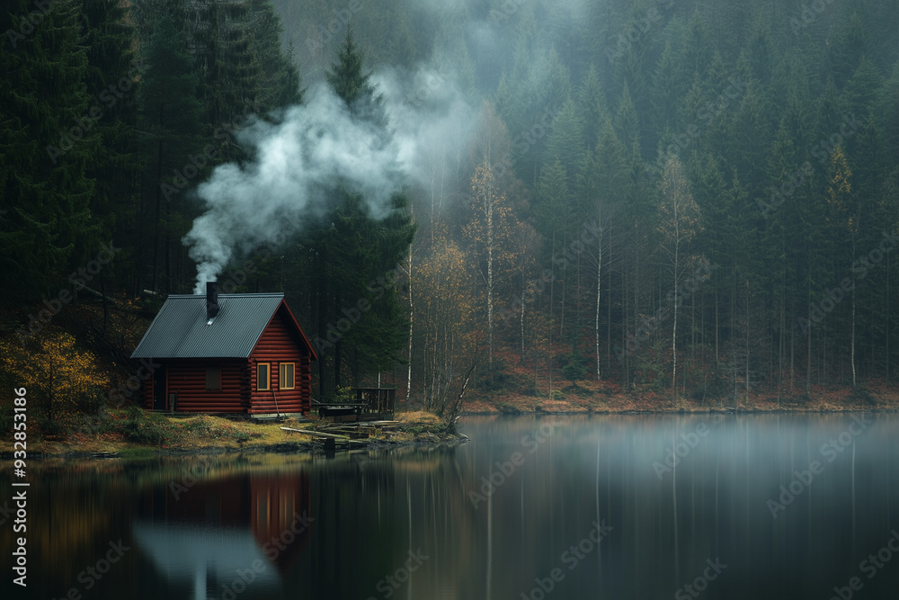 A quaint cabin sits by a tranquil lake in the forest, with smoke gently rising from the chimney. The scene exudes a peaceful atmosphere, capturing the serene beauty of nature and rustic charm. A quaint cabin sits by a tranquil lake in the forest, with smoke gently rising from the chimney. The scene exudes a peaceful atmosphere, capturing the serene beauty of nature and rustic charm.