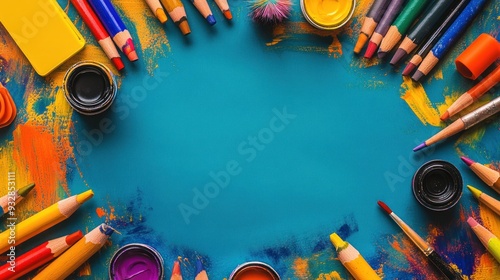 A blue background with a variety of colored pencils and paintbrushes photo