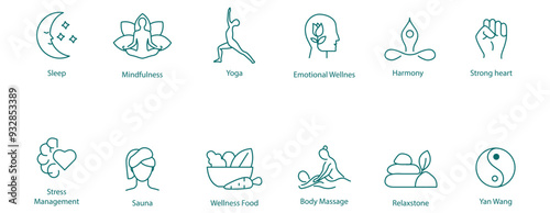 Vector Icons Set: Sleep, Mindfulness, Yoga, Emotional Well-being, Mental Health, Meditation, Strong Heart, Stress Management, Sauna, Wellness Food, Body Massage, Relax Stone, Yang Wang