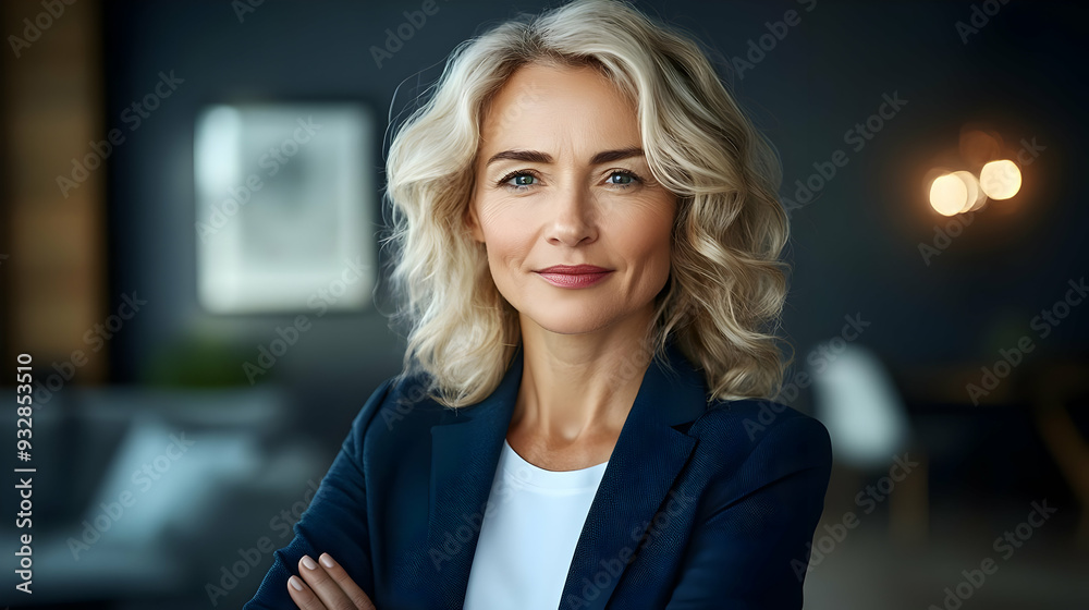 Confident businesswoman with arms crossed in a modern office. Confident businesswoman with arms crossed in a modern office.