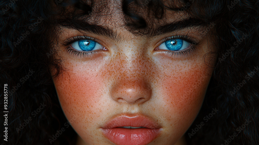 A young person with striking blue eyes and curly hair gazes directly at the viewer, showcasing their freckled skin and vivid features A young person with striking blue eyes and curly hair gazes directly at the viewer, showcasing their freckled skin and vivid features