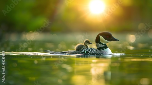 An adult loon tending to its fledgling in a calm duck. Generative Ai photo