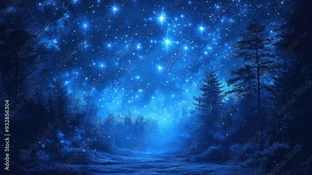 Naklejka premium Blue starry night sky over a quiet forest, peaceful and enchanting, celestial beauty