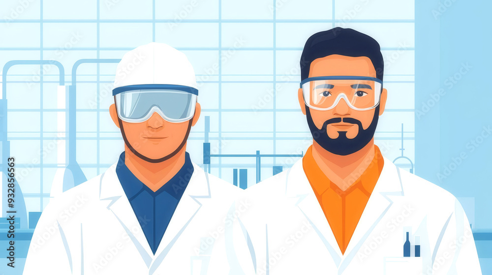 Fototapeta premium Industrial lab, technicians in protective lab coats and goggles, flat design illustration