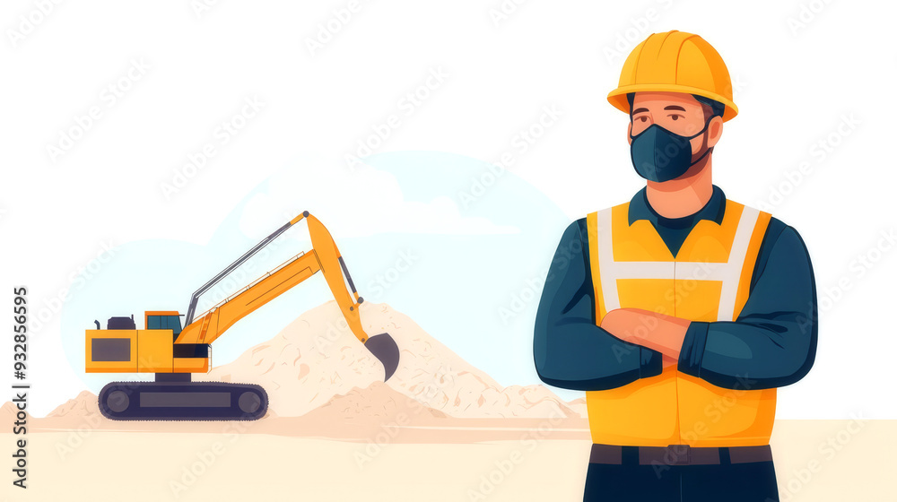 Mining site, workers with helmets and dust masks, flat design illustration Mining site, workers with helmets and dust masks, flat design illustration