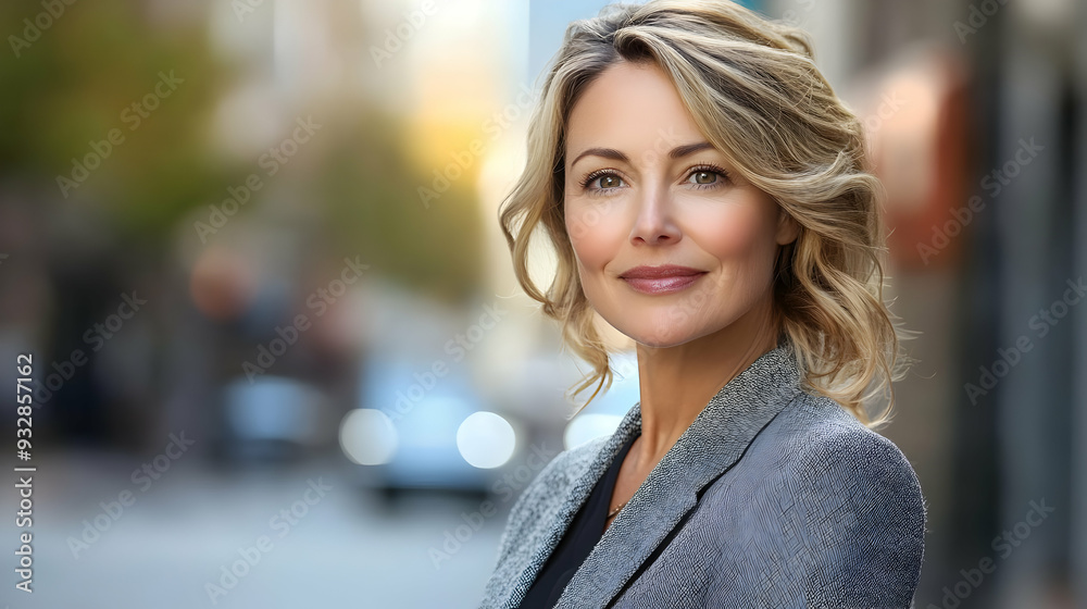 Confident woman smiling in the city.