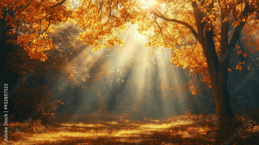 Golden autumn forest with sun rays streaming through trees, magical and serene nature scene Golden autumn forest with sun rays streaming through trees, magical and serene nature scene