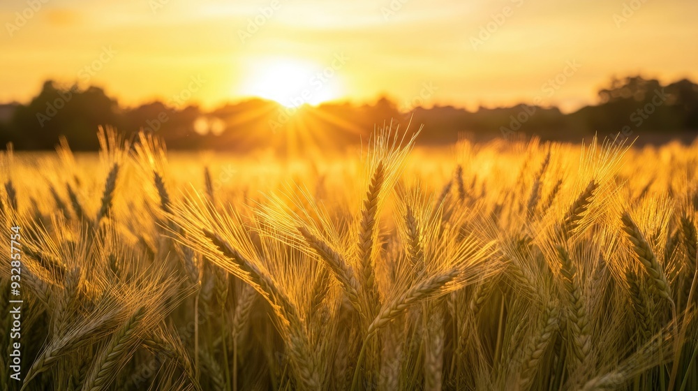 Golden field of barley at sunset, warm and rich agricultural landscape, tranquil evening Golden field of barley at sunset, warm and rich agricultural landscape, tranquil evening