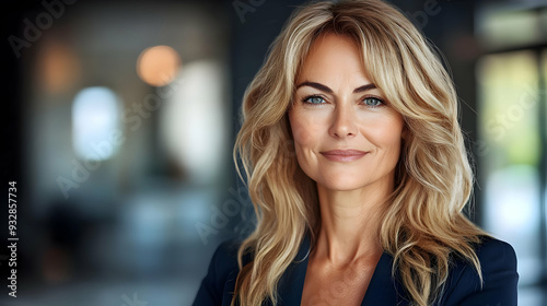Wallpaper Mural Confident woman with long blonde hair looking at the camera with a warm smile, in a blue blazer, blurred background. Torontodigital.ca