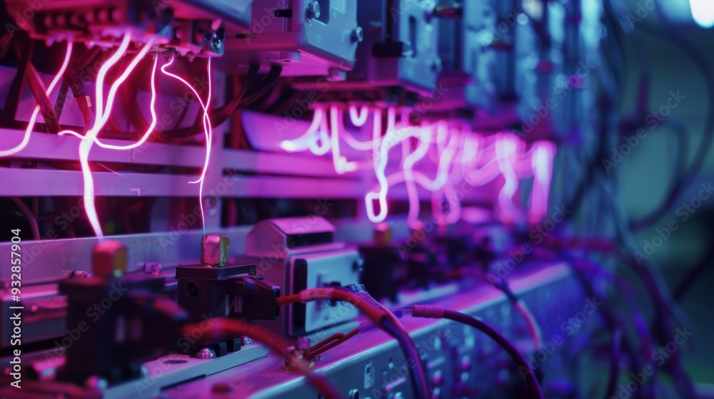 close-up of an electric circuit with neon lights and miniature figurines, featuring intricate details like cables, dice boxes, electrical components, and LED strips in vibrant pink close-up of an electric circuit with neon lights and miniature figurines, featuring intricate details like cables, dice boxes, electrical components, and LED strips in vibrant pink
