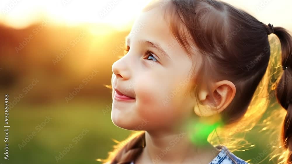 Joyful girl smiles brightly during sunset in a grassy field Joyful girl smiles brightly during sunset in a grassy field