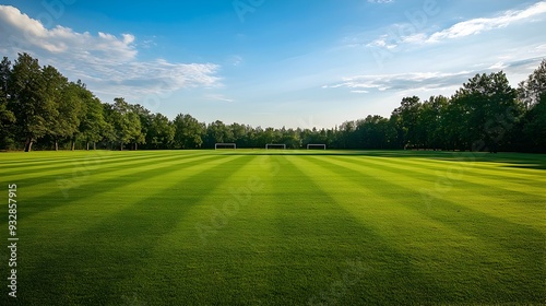 Expansive and picturesque polo field with tall goalposts at each end surrounded by lush green grass ready for an exhilarating sports competition or match