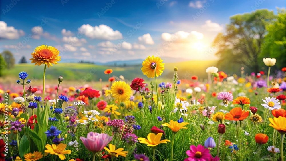 Obraz premium Vibrant meadow filled with colorful flowers, Flowers, Meadow, Landscape, Colorful, Vibrant, Nature, Scenic, Beauty, Blooms