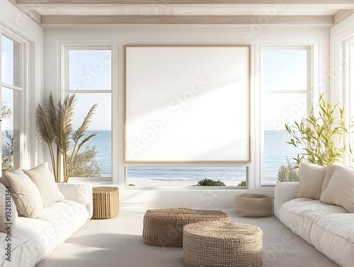 A 3D rendered mockup of a bright and airy Hamptons style beach house interior with a white background frame coastal decor natural textures and panoramic ocean views through large windows