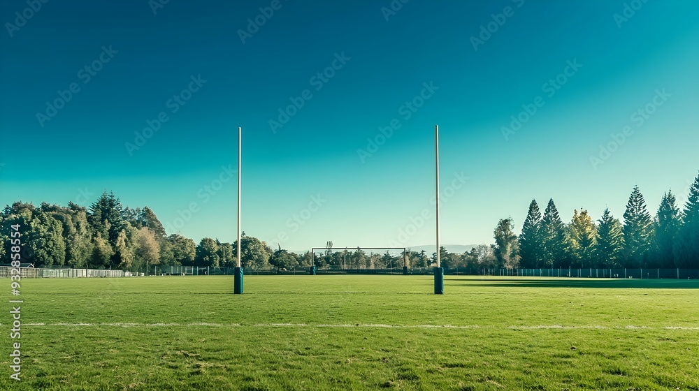 Picturesque rugby field with tall iconic goalposts standing at the ready for an intense match The lush green grass and open space create an inviting scene for a spirited sporting event Picturesque rugby field with tall iconic goalposts standing at the ready for an intense match The lush green grass and open space create an inviting scene for a spirited sporting event