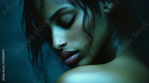 The woman turns her head slightly, showcasing her cheekbones and wet hair under dim, atmospheric lighting