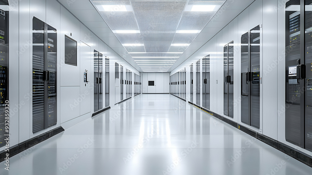 Fototapeta premium Empty server room with rows of server racks.