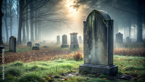 Close-up of a nameless tombstone in a foggy graveyard, graveyard, tombstone, fog, dark, eerie, creepy, death, memorial photo