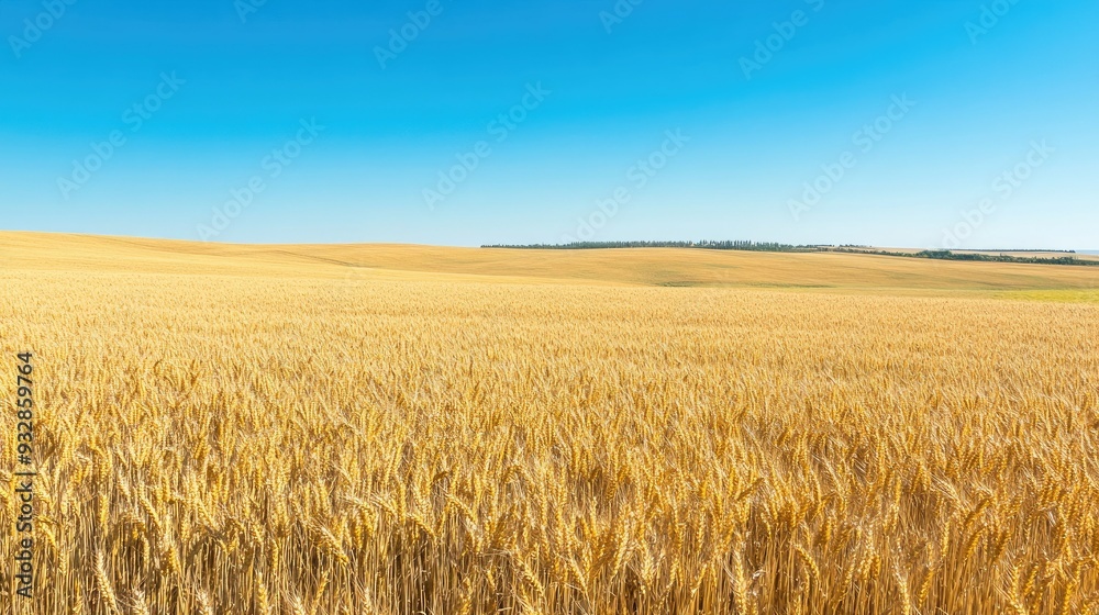 Golden wheat field under a clear blue sky, rich and abundant agricultural landscape Golden wheat field under a clear blue sky, rich and abundant agricultural landscape