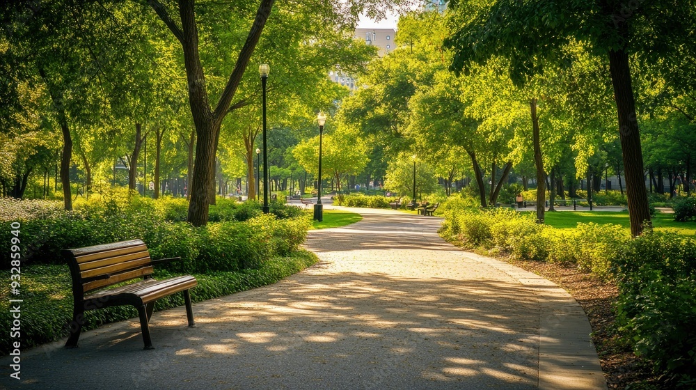 Fototapeta premium Green city park with benches, trees, and walking paths, urban oasis and outdoor space