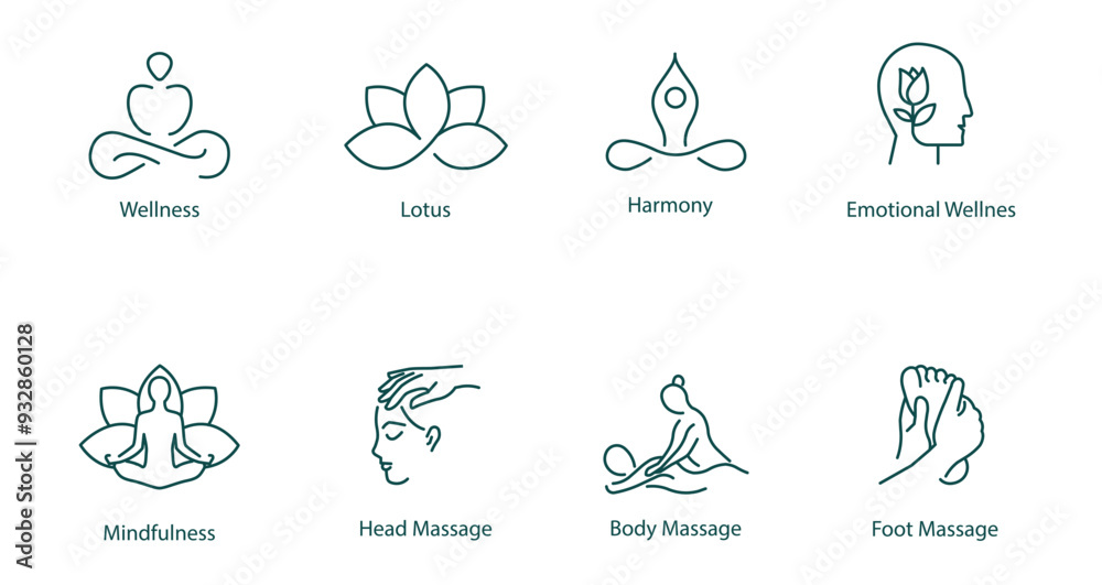 Vector Icons Set: Wellness, Lotus, Harmony, Emotional Wellness, Mindfulness, Meditation, Head Massage, Body Massage, Foot Massage Vector Icons Set: Wellness, Lotus, Harmony, Emotional Wellness, Mindfulness, Meditation, Head Massage, Body Massage, Foot Massage