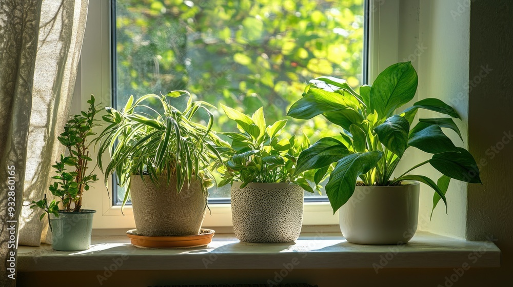 Fototapeta premium Green indoor potted plants on a windowsill, cozy and natural home decor, bright sunlight