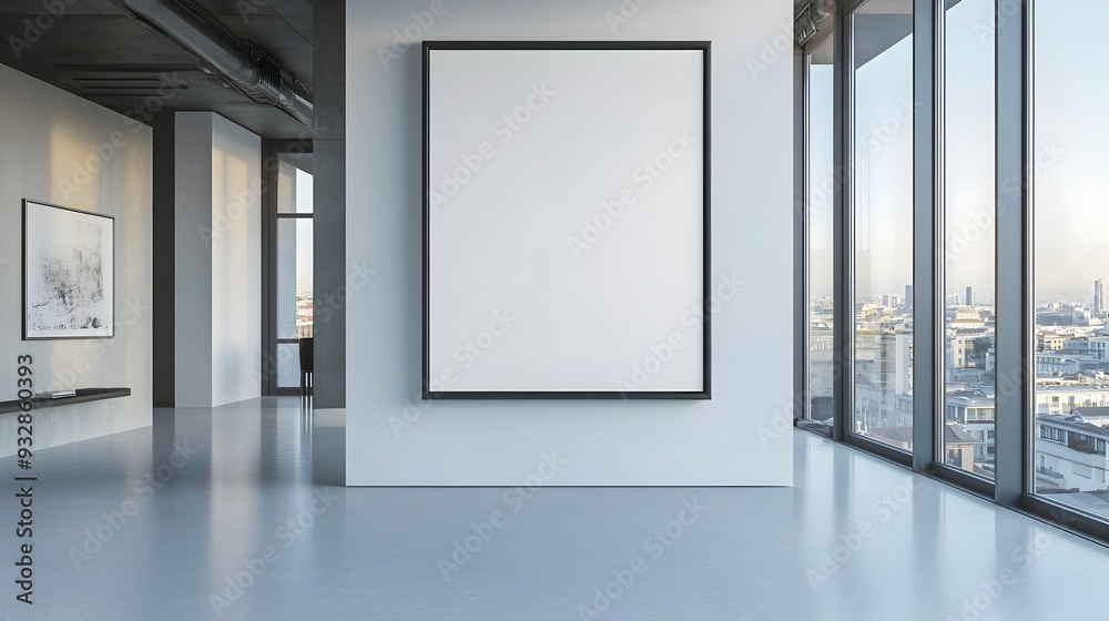 A 3D rendered mockup of a minimalist white background frame inside a modern industrial chic Milan loft with floor to ceiling windows overlooking a cityscape view A 3D rendered mockup of a minimalist white background frame inside a modern industrial chic Milan loft with floor to ceiling windows overlooking a cityscape view