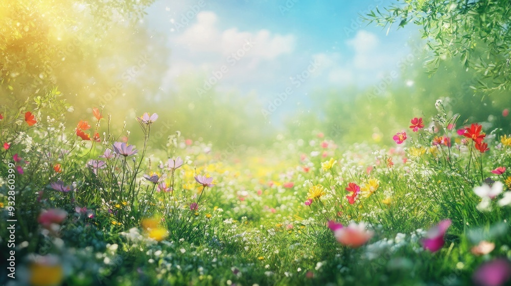 Green meadow with wildflowers in bloom, vibrant and colorful springtime scene, idyllic nature