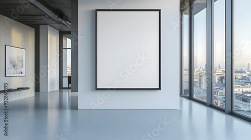 A 3D rendered mockup of a minimalist white background frame inside a modern industrial chic Milan loft with floor to ceiling windows overlooking a cityscape view